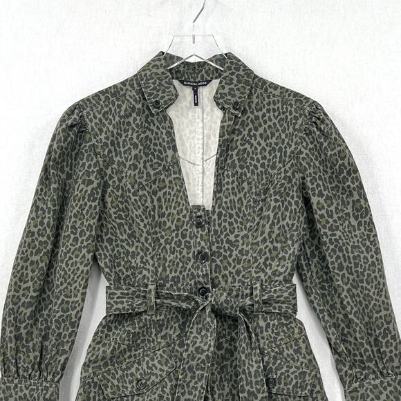 MARISSA WEBB Mera Leopard Print Denim Dress Womens Small Olive Green Belted - Picture 7 of 16